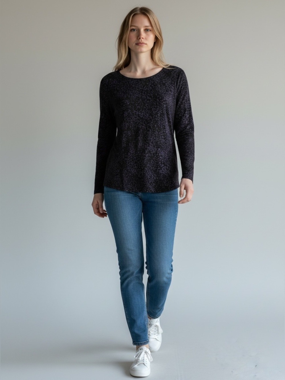 Chico's Leopard Print Purple & Black Long Sleeve Scoop Neck Top - Picture 6 of 9